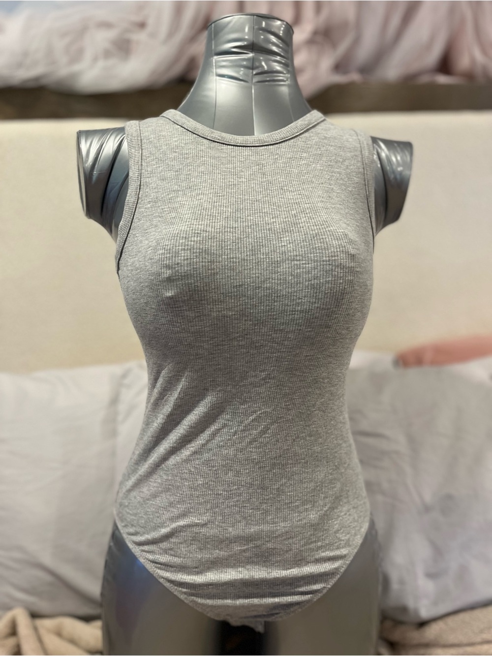 Sleeveless Ribbed Bodysuit in Light Gray